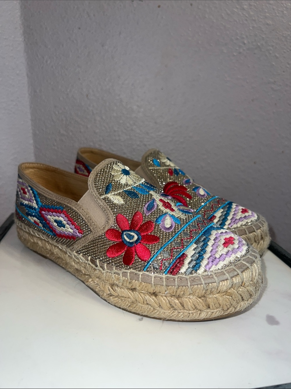 Johnny Was Metallic Embroidered Espadrille Slip-On in Gold w colorful Accents.